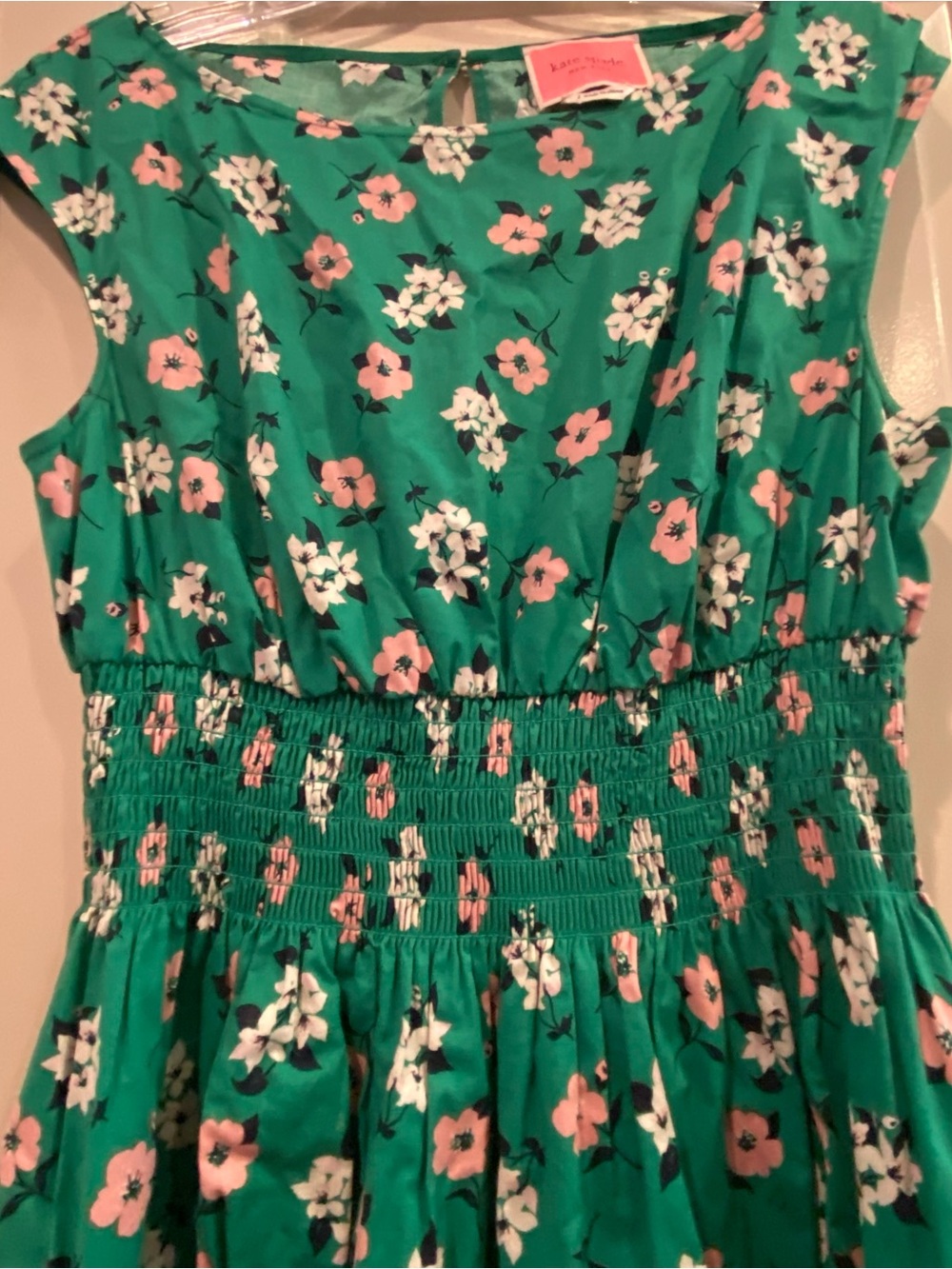 NWOT Kate Spade L Women’s Dress Green pink white Floral with Smocked Waist - Picture 2 of 7